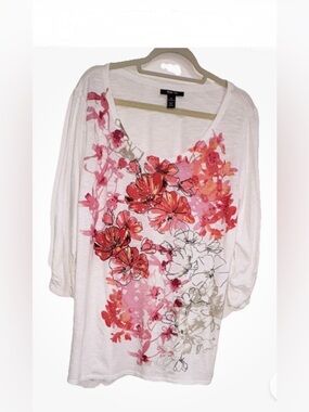 Style & Co. Women’s Sz XL 3/4 Sleeve & Scoop Neck Pink Floral Beaded Cotton Top